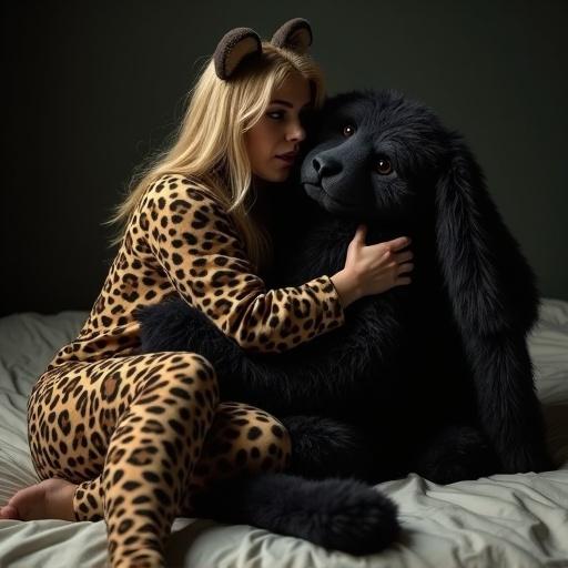 A blonde woman wears a cheetah costume. A black bunny puppet lies beside her. They are embracing on a bed in a dark room. The composition focuses on their close interaction. The atmosphere feels intense and emotional.