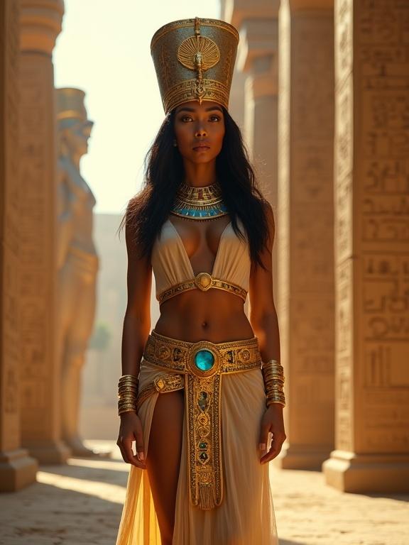 Highly detailed young woman as an ancient Egyptian priestess or goddess in a majestic pose. She stands upright with a slight torso turn, head held high, gazing forward. Right arm is relaxed, left arm bent at elbow with palm open. Adorned in opulent golden outfit with patterns and gemstones, long flowing skirt, massive collar necklace, wide bracelets, and tall elaborate headdress. Long wavy black hair cascades down. Scene set in ancient Egyptian temple with towering columns and pharaoh statues. Soft warm lighting creates mystical atmosphere. Style mimics vintage film photography with grainy effect and warm tones.