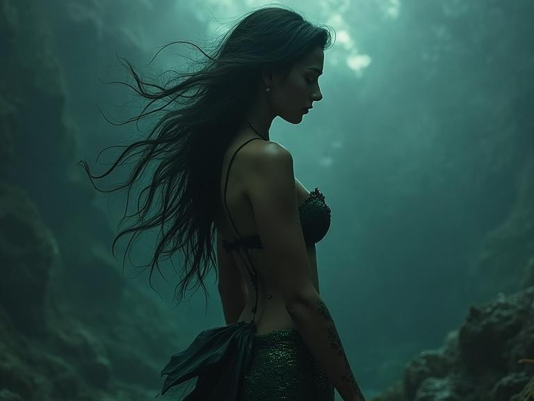 Silhouette of a mermaid under water. Dark and mysterious atmosphere. Long hair floating. Mermaid with intricate features. Water giving an ethereal glow.