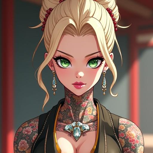 Anime character in a stylish dojo. Woman with emerald green eyes and light blonde hair in a French bun. Wearing a kimono with cybernetic features. Traditional tattoos visible. Powerful aura with jewelry.