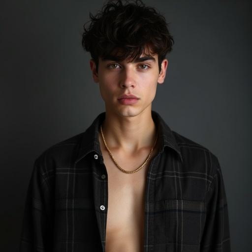 Young male model with light skin in late teens or early twenties. Serious expression with neutral gaze. Short dark hair and defined features. Lean body wearing a black plaid shirt open at the chest. Thin gold chain necklace. Dark gray backdrop for contrast. Focused lighting on face and upper body. Close-up composition emphasizing facial details and clothing texture. Understated serious atmosphere with a touch of mystery.