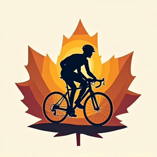 Vector art illustration of a logo design featuring a biker and runner silhouette. Centered within a stylized chestnut leaf shaped backdrop with warm colors.