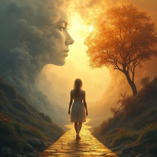 A woman in menopause stands between gray shadows and warm light. The left shows fear and symptoms. The right reveals strength and renewal, surrounded by symbols of transformation. A golden bridge connects both realities as she steps forward.