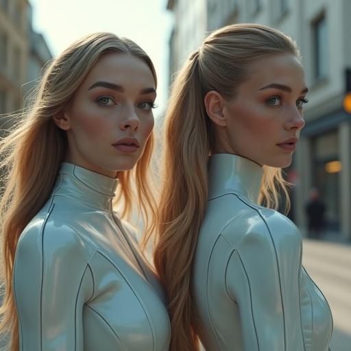 Two realistic android women walk through a city. Their humanoid features have subtle alien qualities like altered skin tones and patterns. Hair is long and flowing. Eyes have unusual colors. They wear tight clothing made of shiny materials. The atmosphere is calm and harmonious.