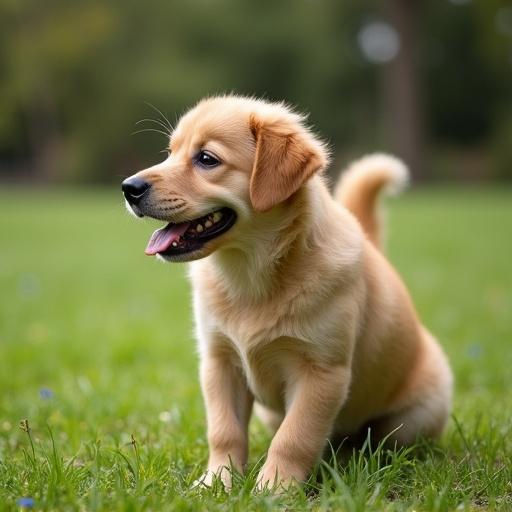 A puppy sitting in a park surrounded by grass. The dog has a golden coat and a cheerful expression. Soft focus on the background creates a pleasant atmosphere.