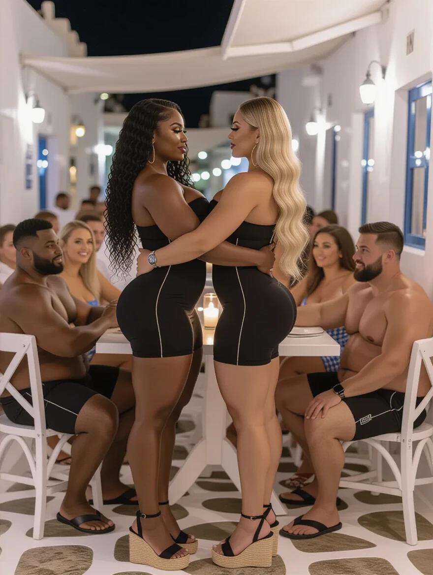 Two tall women embrace. One has long curly black hair and dark skin. The other has long wavy blonde hair and light skin. Both wear tight black strapless dresses and espadrille heels. Setting is a Mykonos tavern at night with a lively atmosphere.