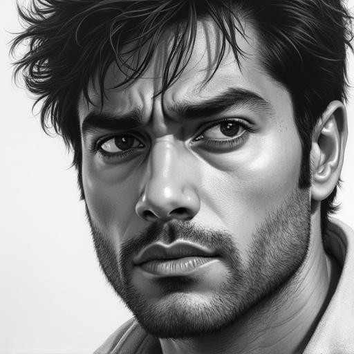 Detailed and hyper-realistic illustrated pencil sketch of a man named Krish. He is portrayed in extreme close-up capturing only a part of the face with disheveled thick black hair and defined features. The expression shows exhaustion mixed with resolve. Lighting emphasizes dramatic shadows with smooth blended shading. The art maintains a strict black-and-white tone with high contrast and ultra-fine pencil detail.