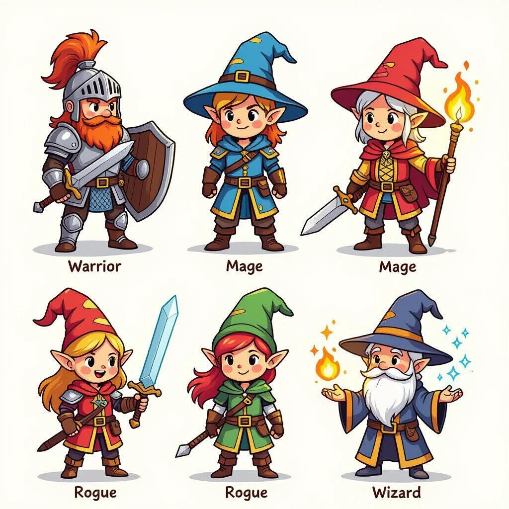 RPG character classes in a wax crayon style. Includes warrior, mage, cute elf, rogue, wizard. Characters are vibrant and colorful showing different classes and abilities.