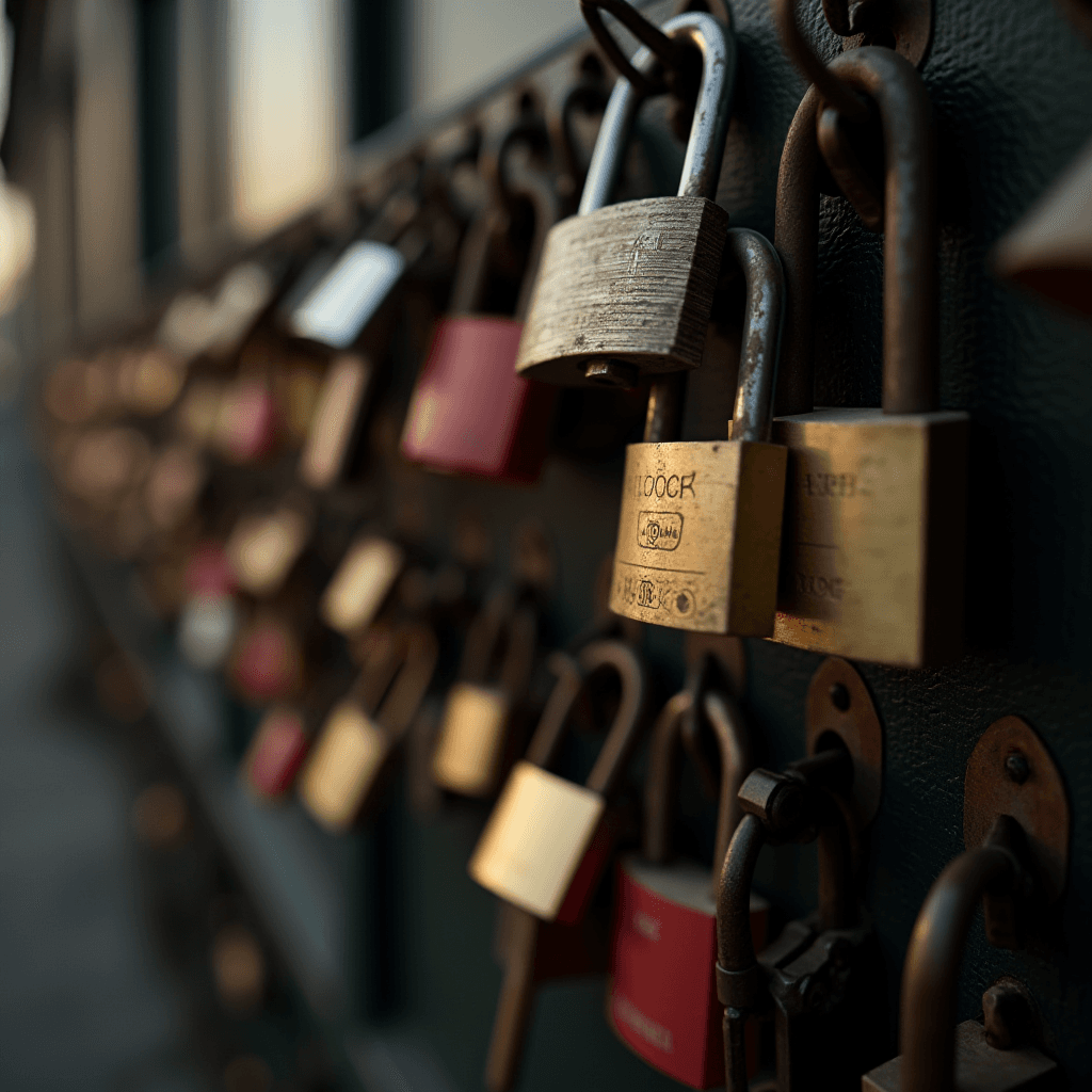 A close-up view of numerous padlocks attached to a dark metal fence, symbolizing love and commitment.