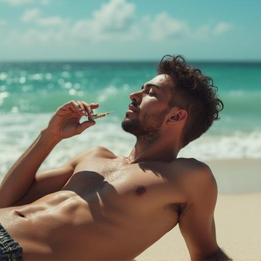 Man lying on the beach enjoying marijuana cigarette while relaxing in the sunlight.