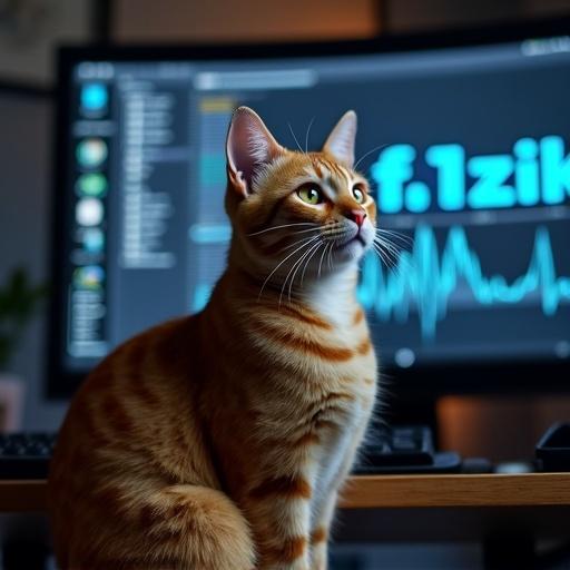 Cat sits in front of computer monitor. Display shows f1zik inscription. Cat has orange fur and big green eyes. Background shows a tech workspace with soft lighting.