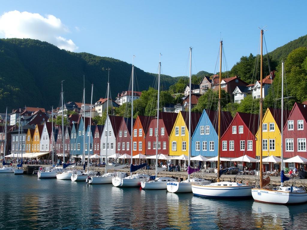 A picturesque view of the Bergen waterfront in Norway. Sailboats are lined up along the docks, creating a charming atmosphere. The colorful houses of Bergen, known as a UNESCO architectural heritage site, stand prominently in the background. Each house features vibrant colors that reflect the lively culture of the region. The scene is set against a backdrop of lush green hills and a blue sky, making it a perfect day for sailing.