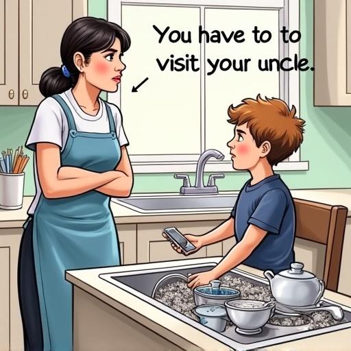 A mother stands in a kitchen with arms crossed. She wears an apron. She looks sternly at her son. The son is sitting at a table. He is using his phone. The kitchen sink is full of dishes. Text above them says 'You have to visit your uncle.'