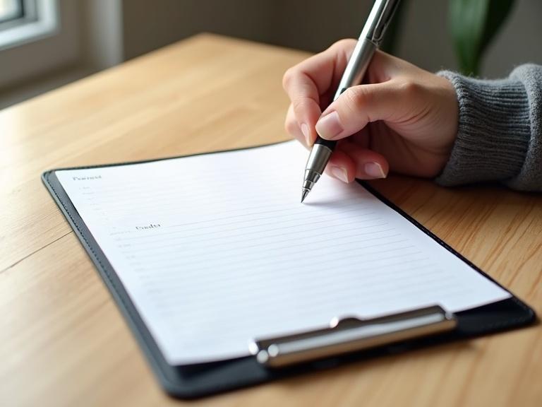 Photorealistic scene of a person about to write on a clipboard. Shot from a slight top-down angle. On a light oak wood desk is a black leather clipboard. It holds a sheet of white lined paper with gray ruled lines. A right hand in a gray sweater grips a silver metal ballpoint pen poised above the paper. Soft natural window light casts warm shadows. Background is softly blurred, hinting at a neutral-toned interior. Materials visible include metal pen, leather clipboard, textured paper, sweater fabric, and wood grain. Overall matte finish with a calm warm color palette.