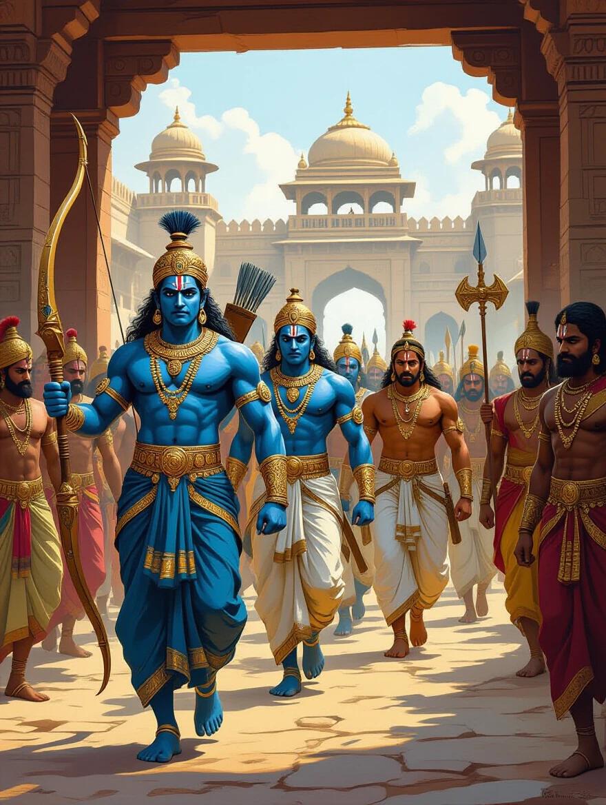 A large group of ancient Indian warrior princes march through a palace gate. Arjuna leads with a divine bow. Bhima follows wielding a mace. Yudhishthira walks in royal robes maintaining calm. Kauravas led by Duryodhana walk alongside. Their expressions reflect fierce determination. Background shows palace walls and battle flags. Dust rises with each step. Shot captures their royal march to war.