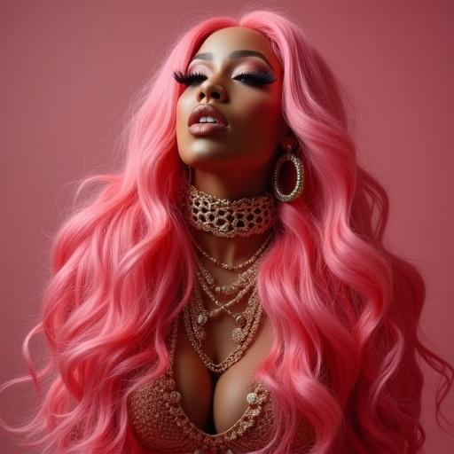 High-fashion portrait of a model with long pink hair and glamorous makeup, wearing elaborate jewelry in front of a solid pink background.
