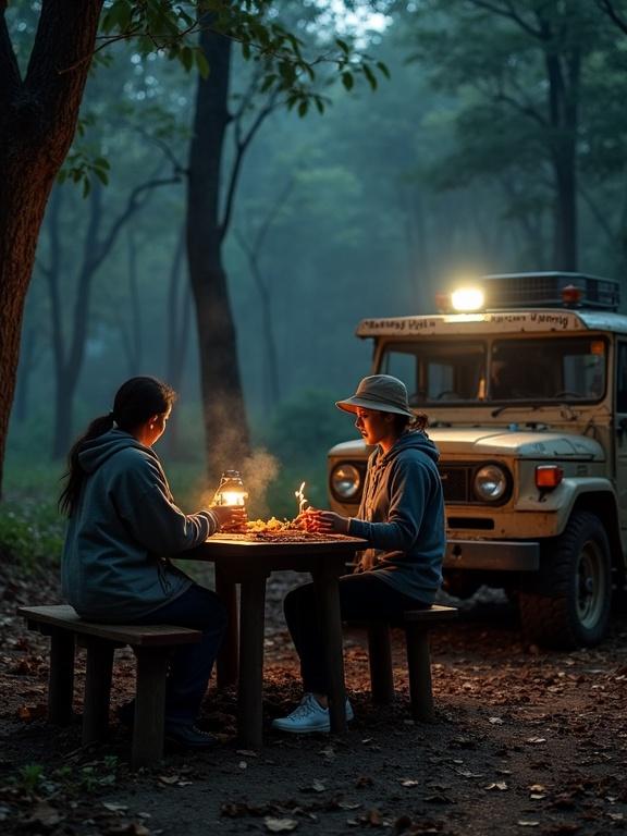 Misty teak forest at dusk. Gen X mother with Gen Z daughter at wooden bench. Sharing grilled goat satay from vendor beside smoky cart labeled Mamang Sate. 1983 Toyota Land Cruiser FJ45 nearby. Vendor flipping skewers over coals. Daughter in oversized hoodie, mother in rugged jacket and bucket hat. Lantern light and ember glow create moody shadows.