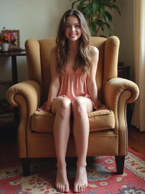 Full frame photo depicts a teenage girl sitting in a cozy living room. She wears a mini sundress and has a relaxed posture. The setting includes a colorful rug and soft, natural lighting. A luxurious armchair enhances the homey vibe.