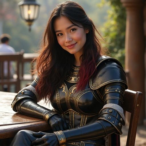 25-year-old female warrior wears revealing black and white armor with gold trim. She sits at an outdoor tavern table in daylight. One leg is on a chair. She relaxes and smiles. Long dark brown hair has crimson streaks. Wind flows through her hair. Ornate Celtic sword leans on the table. Full-body view captures her joyful demeanor in a natural light.