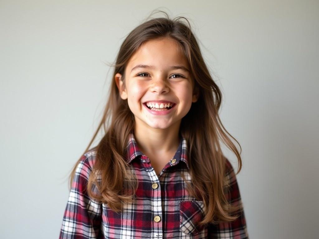 This image features a cute girl with a bright smile. She looks to be around 8-10 years old, radiating joy and happiness. The background is plain, focusing attention on her cheerful demeanor. Her long hair cascades freely, complementing her button-up plaid shirt. The soft lighting highlights her natural beauty, making her look inviting and friendly. This portrait captures the essence of youth and joy, perfect for family-related themes.