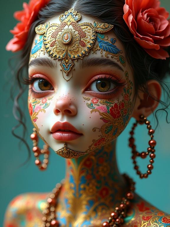 Digital artwork featuring a character with intricate body art inspired by Bollywood and various punk aesthetics. Detailed face with unique adornments and vibrant colors. A blend of cultural elements.