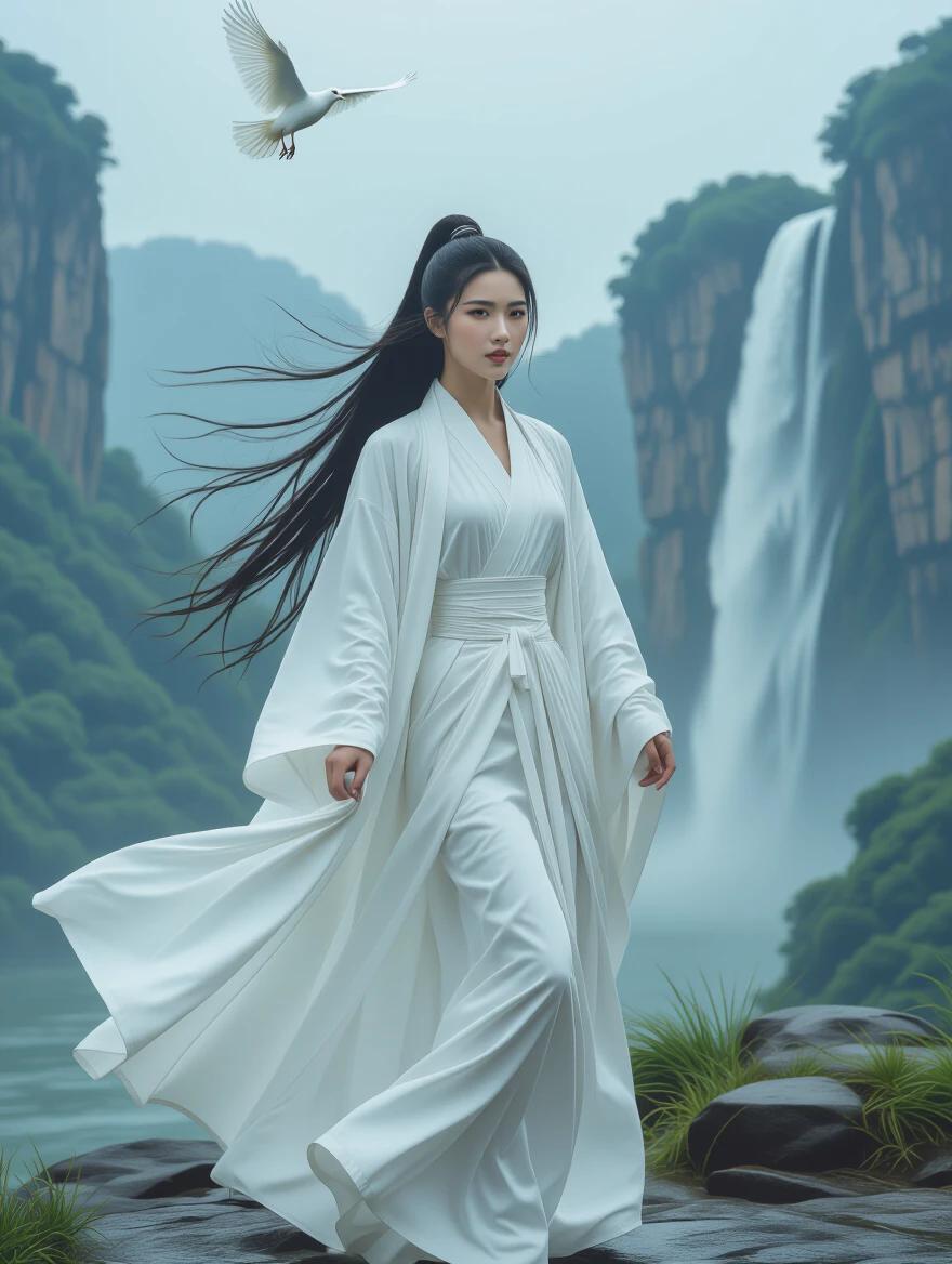 A woman wearing elegant white clothes stands gracefully. Long hair flows in the breeze. Majestic waterfall behind her. A bird flies in the sky above. Scene represents a Wuxia action movie in a fantasy setting.