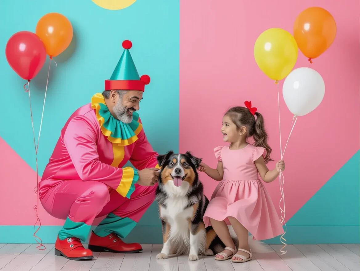 A middle-aged Hispanic man in a clown costume interacts with a young Hispanic girl and a brown and white dog. The clown wears a bright pink suit with teal pants. The girl wears a pink dress and holds a red and an orange balloon. The backdrop features pink and turquoise colors with floating colorful balloons. A bright and cheerful atmosphere with scattered candy pieces is present. The clown has yellow vest details; the dog wears a red collar. The scene showcases professional studio lighting and a cinematic quality.