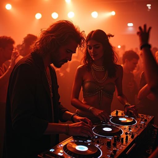 Ultra-realistic nightclub photo featuring DJs with modern streetwear and elegant outfits playing at a Berlin underground techno event. Energetic crowd is dancing close together under warm light with motion blur effect.