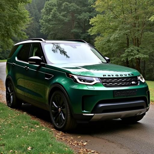 A Land Rover Discovery SUV in a striking Jaguar green matte finish. The SUV is positioned on a scenic road surrounded by lush trees. Its sleek lines and modern design are prominent against the natural backdrop.