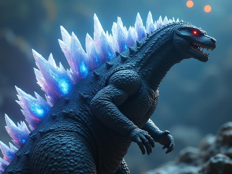 Image of a detailed Godzilla with glowing crystal spines. Features small crystals on the body. High realism with textures and shadows. Reflective elements enhance appearance.