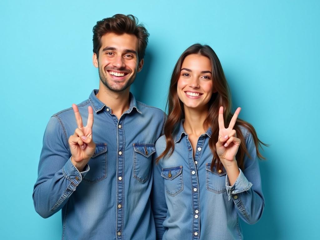 The image features two young adults standing side by side against a light blue background. They are both wearing matching denim shirts; the man wears a button-down while the woman’s shirt has a slightly different style. Each individual is smiling and making a peace sign with their hand, conveying a fun and carefree vibe. The man is on the left, while the woman is on the right, leaning slightly towards him, suggesting a friendly or romantic relationship. Their body language indicates they are enjoying each other's company and possibly posing for a casual photo.