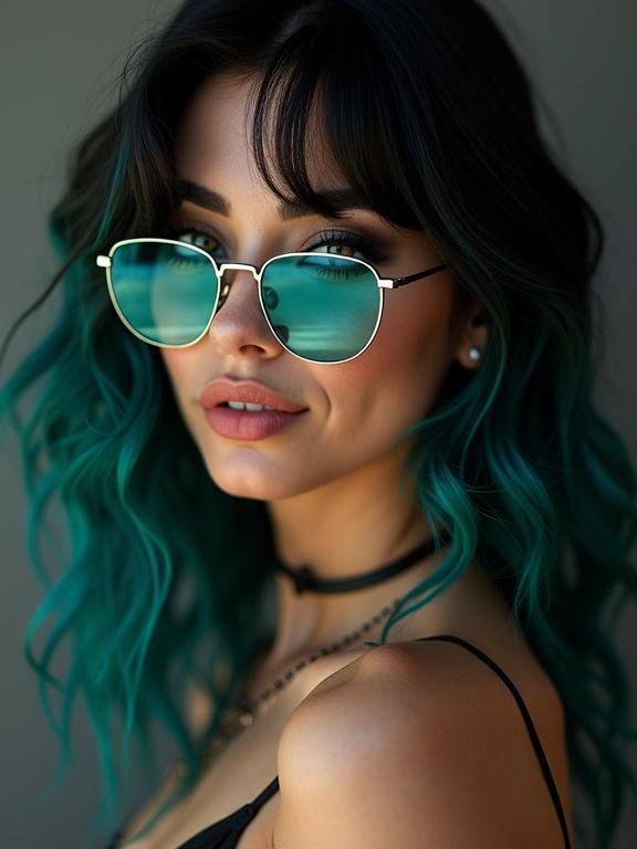 Photo of a woman with layered black and turquoise hair. Subject has turquoise eyes and heavy dark eyeshadow. She is wearing sleek small silver frame sunglasses with turquoise lenses. Worn dark grey background creates low light. Woman appears to be around 34 years old and has pillowy lips. She is wearing a small elegant leather necklace and a retro outfit. Subject is slightly grinning and turning her head.