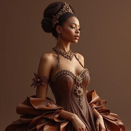 Hyper-realistic portrait of Laphidhea goddess of cocoa. Gown made of real chocolate. Dark chocolate bodice is glossy. Flowing ribbons of milk chocolate skirt. White chocolate lace and caramel details. Golden cacao flower ornaments. Lips and eyes like tempered chocolate. Soft background with cocoa lighting. Ultra-detailed textures, fantasy realism style.