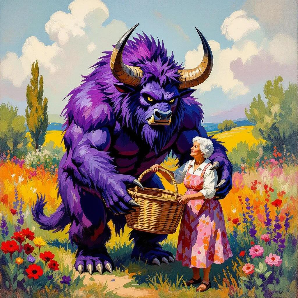 A massive beast has wild violet fur and large horns. The beast helps an elderly woman who carries a woven basket. This happens in a vibrant garden filled with flowers. The scene shows an emotional contrast between the beast's fierce form and its gentle act. The style is fauvist with exaggerated non-natural colors and bold strokes. The lighting is dramatic and the overall mood is joyous and radiant.