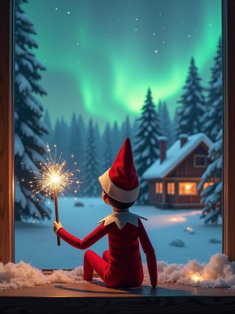 Elf on the shelf sits by a window. Elf has back to viewer and gazes at the colorful northern lights. Elf holds a glowing wand. Cozy house visible in the distance. Snow covers the ground. Magical Christmas vibe portrayed. Words 'see you next year, Addie' appear from the wand.