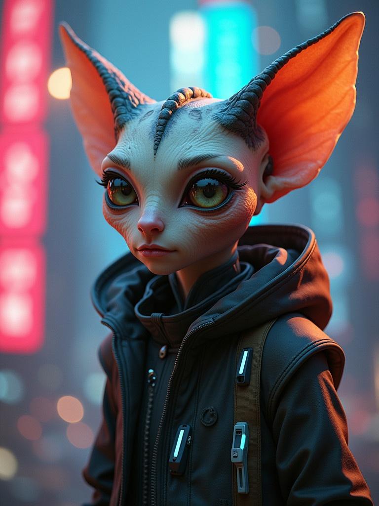 Artwork features a uniquely designed alien character. Character has large expressive ears. Character wears a high-tech jacket with glowing elements. Background showcases vibrant colors for a sci-fi feel. Soft lighting highlights the character. This combines digital art and futuristic themes.