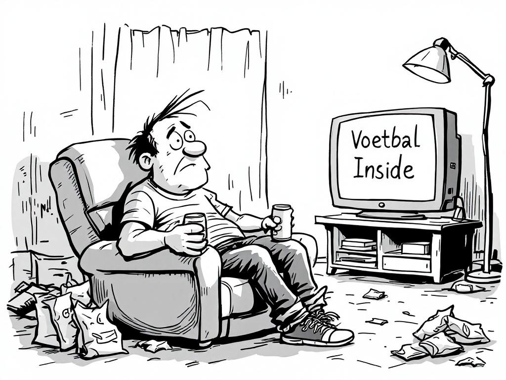 Black-and-white cartoon in Jan Ibelings style. A man slouched in an armchair is watching TV. Text on TV says Voetbal Inside. The man holds a beer can and has one hand in his pants. Background features a messy living room. Empty chip bags are scattered around. A crooked floor lamp stands nearby. TV light casts on his face. Bold black lines and simple humorous design.