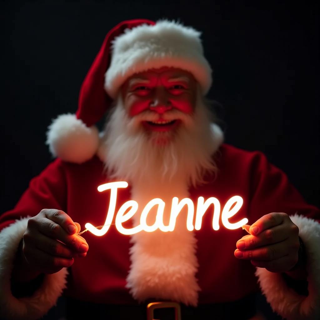 Santa Claus wearing a red and white suit holds a glowing stick that spells 'Jeanne'. The scene has a dark background to enhance the brightness of the text, exuding a festive atmosphere.