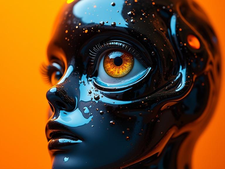 Surreal abstract representation of a human eye with a glossy, liquid-like finish. Shades of black blue and orange blend to create a fluid face. Background is vibrant orange enhancing molten effect.