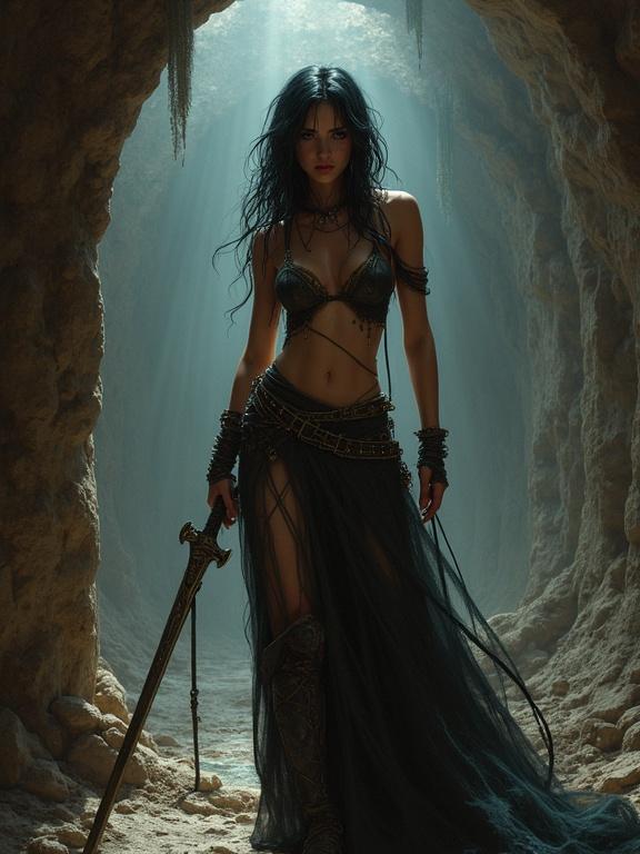 A female warrior stands in a dimly lit dungeon. She wears a bold outfit with armor. A sword rests by her side. Mood conveys strength and mystery. Light filters through the cavern above.