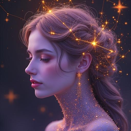 Glitchcore portrait art style featuring an angelic figure. Color palette includes gray purple gold glowing-peach and glowing-light-yellow.