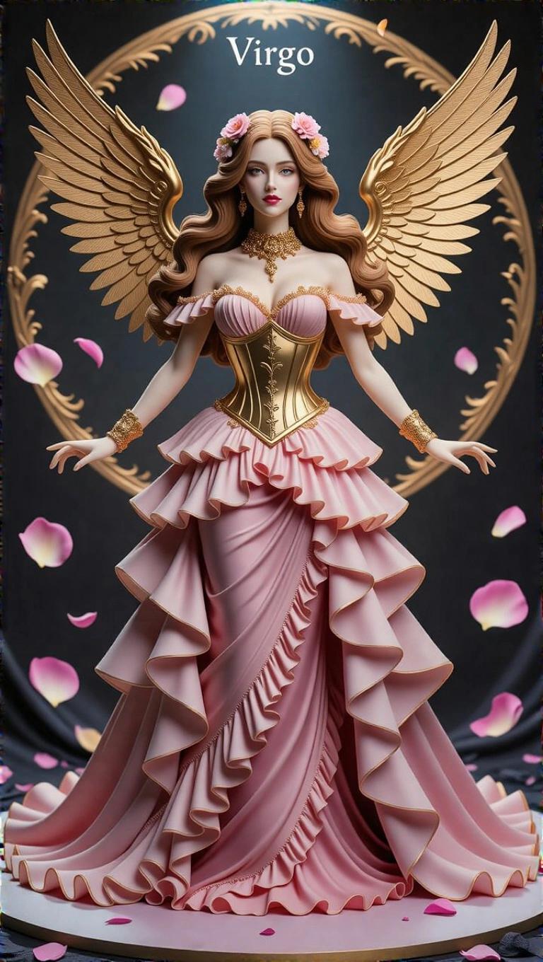 Resin figurine of a goddess inspired by the Virgo sign. Long wavy golden brown hair. Luxurious princess-style powder pink gown with layers and ruffles. Gold details including a metallic corset and thick choker. Large ornate golden wings. Majestic pose with arms held back. Flower crown and ethereal expression. Floating petals and celestial light in the background.