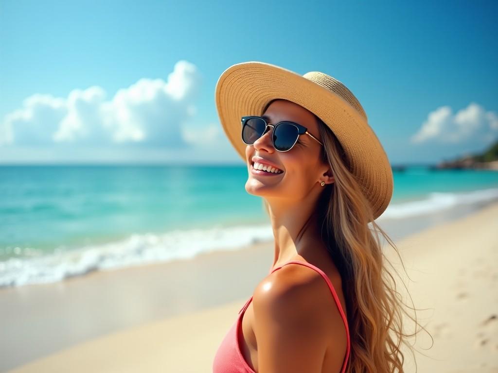 A woman on a beach, wearing a straw hat and sunglasses, smiling towards the sun with the sea in the background.