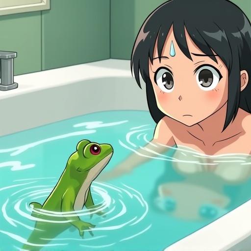 Inside a bath, a girl named Kim expresses bewilderment as a gecko splashes into the water. She notices the gecko, showing emotions of surprise and concern. A comic visual effect indicates the splash, accompanied by a sweat-drop to showcase her confusion. The gecko appears intelligent, looking up at her with large eyes.