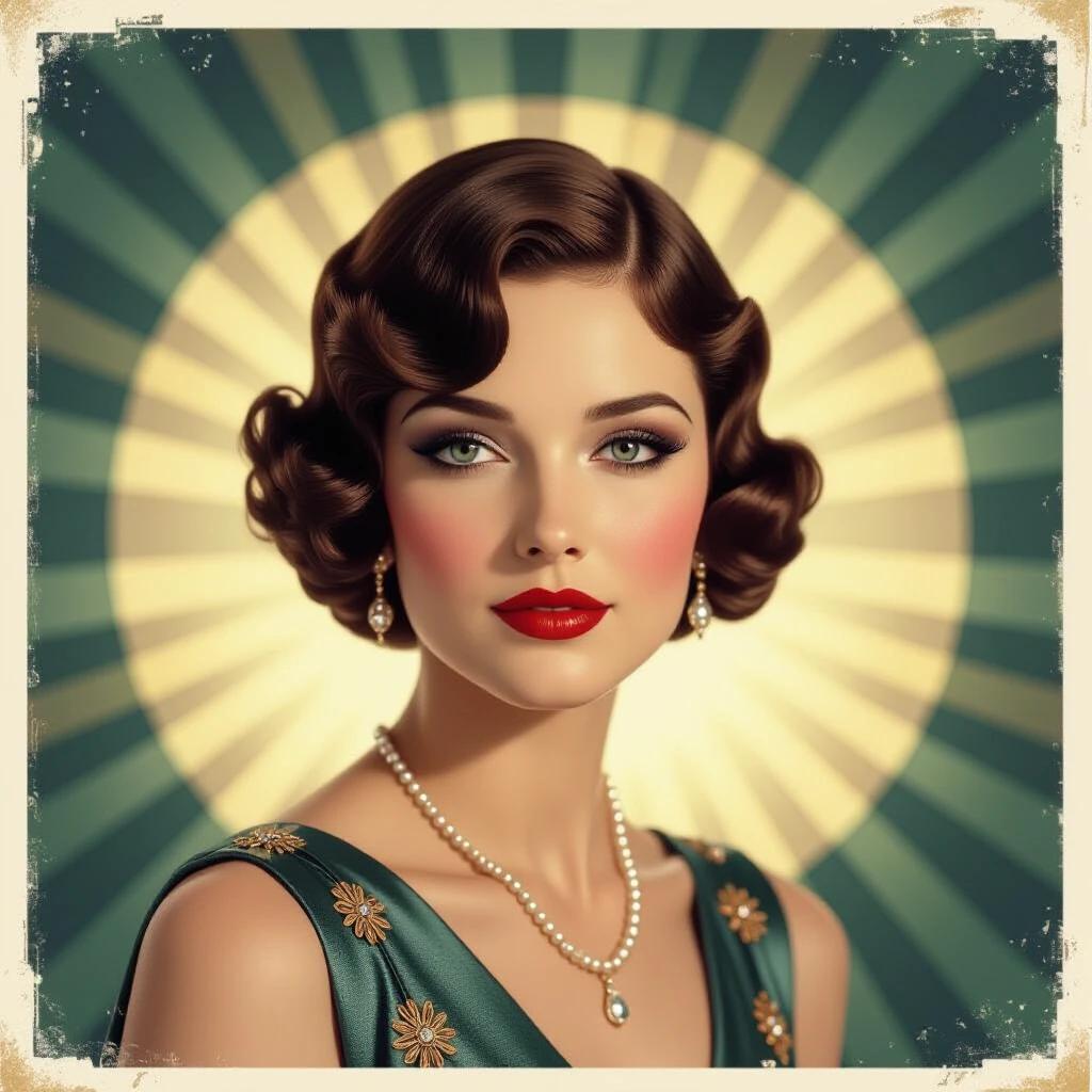 Elegant woman in Art Deco style from 1923. Hair styled in vintage waves. Wearing a green dress with floral embellishments. Adorned with a pearl necklace. Soft light and vintage aesthetic.