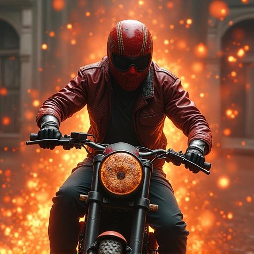 Masked rider on motorcycle, dynamic pose with sparks flying in background. Effectively portrays high energy and intensity.