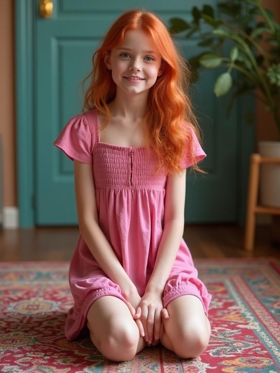 Photo of a young girl with red hair kneeling on a colorful rug. She wears a pink mini dress and smiles. The setting is a cozy indoor space with green doors.