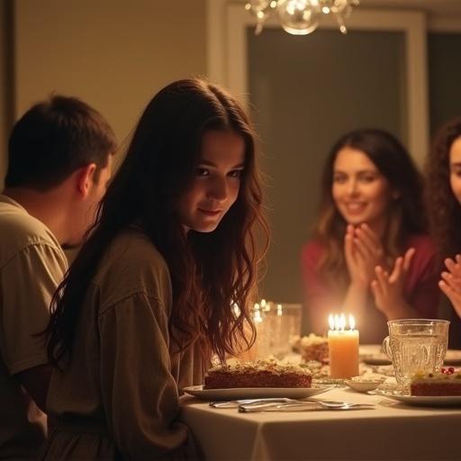 Teenage girl with long dark wavy hair sitting at dinner table. Dressed modestly in old clothes. Family celebrates older brother with birthday cake. Parents smiling at brother, ignoring girl. Emotional neglect felt in warm-lit room.