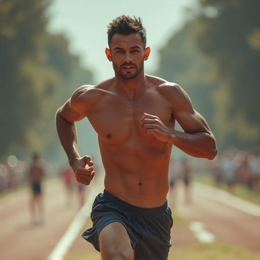 Dynamic full-body shot of a shirtless male runner. Muscular and athletic appearance. In mid-stride during a jog.