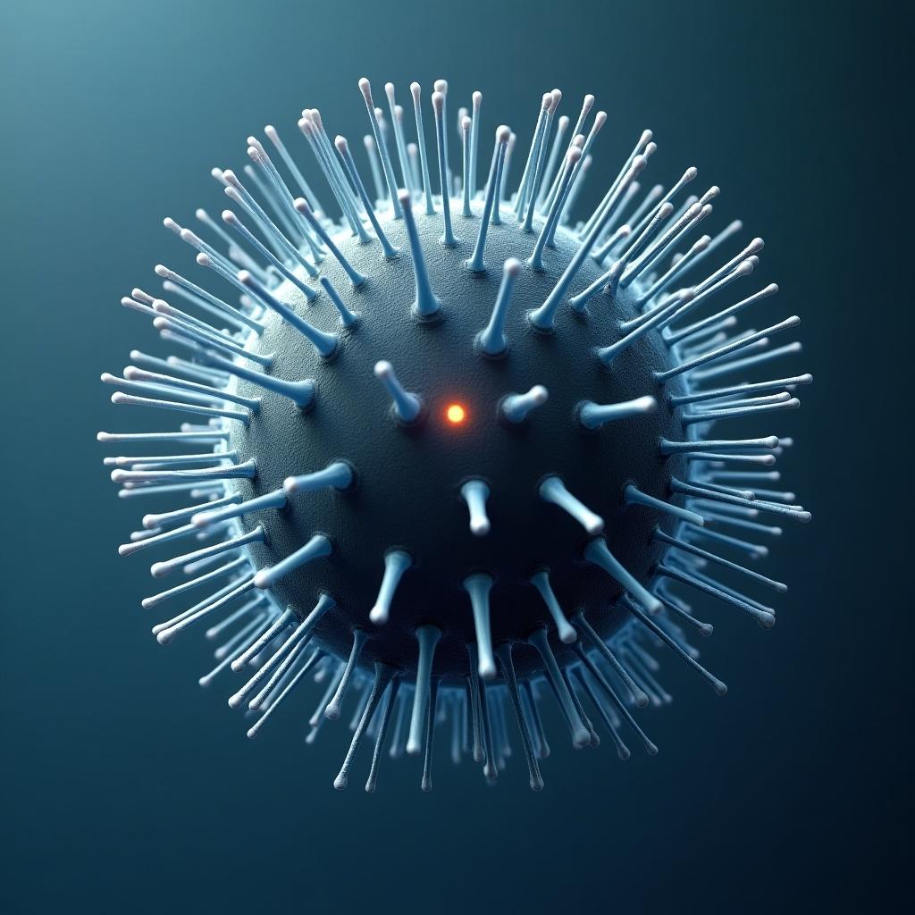 Close-up of a spherical object resembling a microchip. Small glowing dot at center. Numerous thin delicate spikes protrude from the surface. Background features blue and gray gradient. Composition evokes scientific discovery and evolution themes. Ideal for presentation on microbial evolution.